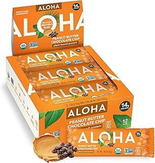ALOHA Organic Plant Based Protein Bar, Peanut Butter Chocolate Chip, 1.9 oz, 12 Count, Vegan, Gluten Free, Non-GMO, Stevia...