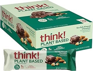 thinkThin Plant Based High Protein Bars - Sea Salt Almond Chocolate, Vegan Friendly, 13g Protein, Low Sugar, Low Net Carb...