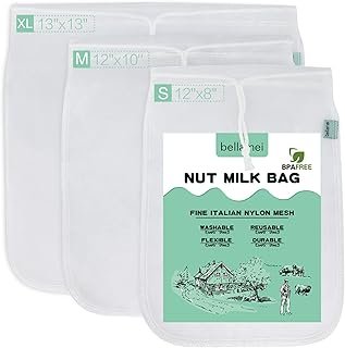 Bellamei Nut Milk Bag Reusable 3 Pack 200 Micron Nut Bags for Almond/Soy Milk Greek Yogurt Professional for Cold Brew Coff...