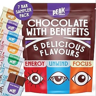 Peak Chocolate Sampler Pack - Caffeinated Energy, Focus, and Unwind Dark Chocolate Bars - Sugar Free & Low Sugar, High Pro...